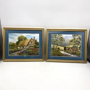 SET OF 2 Vintage Framed FOIL Art Pictures Cottage Farmhouse Countryside - Picture 1 of 19