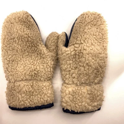 Vintage high pile fleece winter mittens blue nylon palm - Image 1 of 4