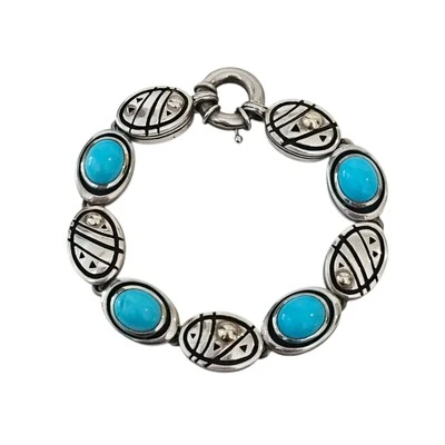 John Atencio Solar Prata Esterlina Turquesa Ouro 18k Pulseira Elos de Vidro 45,4 gm - Imagem 1 de 4