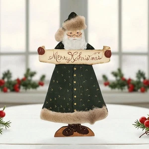 Vintage alte Welt Volkskunst Weihnachtsmann handbemalt Holz Echtfellbesatz Schild 13,75" - Bild 1 von 20