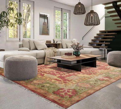 Multi Size Hand Knotted Oushak Wool William Morris Area Rug Raspberry - Image 1 of 4