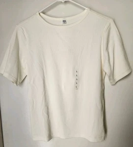 Uniqlo Soft Short Sleeve Ribbed T-Shirt Beige Size Women's L Crew Neck NWT - Picture 1 of 3