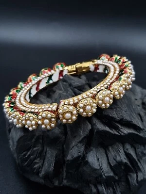 Brazalete indio de perlas Kundan enchapado en oro joyería nupcial uso étnico tradicional Foto 1 de 3
