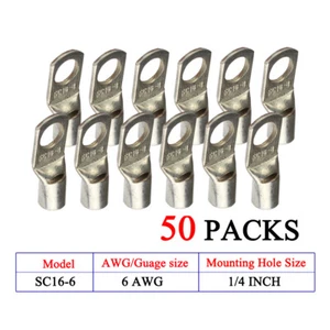 50pcs 6 AWG - 1/4" Battery Cable Lugs RV Copper Wire Ring Terminal Connector End - Picture 1 of 12