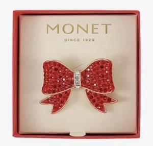 Beautiful Brand New Monet Red Gold Bow Christmas Pin Brooch Boxed Rhinestone - Picture 1 of 2
