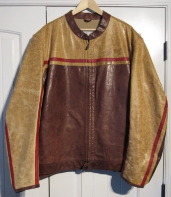 Wilsons M Julian Brown Leather Cafe Racer Moto Biker Striped Jacket 3XL Men XXXL - Image 1 of 4