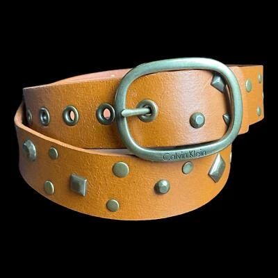 Cinturón Calvin Klein Mujer Grande Tachonado Vinilo Imitación Cuero Tostado Marrón Ajustable Foto 1 de 4