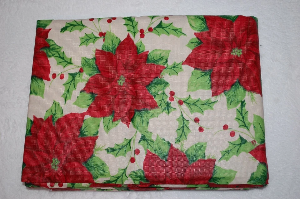 Vinyl Tablecloth BEIGE w/ RED POINSETTIAS & GREEN HOLLY Christmas Winter 52x70"  - Image 1 of 1