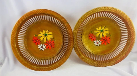 Vtg Nevco Fruit Chip Bowl British Hong Kong Floral Basket Weave Plastic Pair Cover
