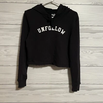 Sudadera con Capucha Recortada Negra Dejar de Seguir Gráfico Moda Y2K Manga Larga Mediana Foto 1 de 4