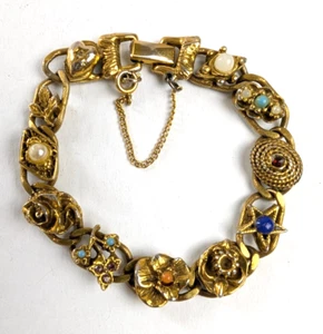 VG Signed GOLDETTE Victorian Revival Jeweled Link Bracelet w Safety Chain 7.5" - Picture 1 of 10