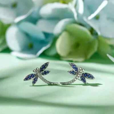 1CT Round Cut Lab-Created Sapphire Dragonfly Stud Earrings 14K White Gold Plated - Image 1 of 4