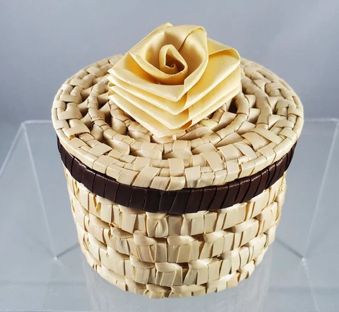 Ten Thousand Villages Woven Small Palm Leave Basket Handcrafted w. Rose Lid Cover