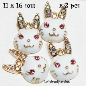 BRELOQUE / CHARM, Tête Lapin Blanc émaillé, strass multicolore, X 2 pcs - 115 - Picture 1 of 1