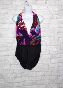 Aqua Einteiler Badeanzug Damen Große 12-14 Schwarz Mehrfarbig Neckholder Ausschnitt - Bild 1 von 15