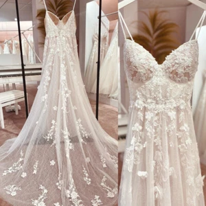 Sexy Tulle Wedding Dress Boho Elegant Long Bridal Beach Wedding Gowns Floral - Picture 1 of 8