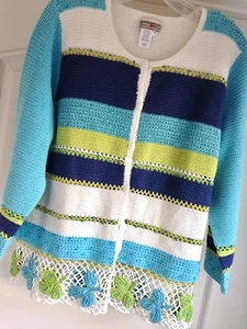 New Size L Coldwater Creek Knit Navy, Green Summer Crochet Cardigan - Picture 1 of 5