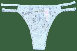 Victoria's Secret PINK Träger-Spitzentanga Höschen Eistopasblau Glitzer M NEU - Bild 1 von 2