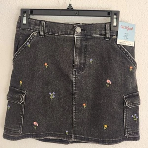 Cat & Jack Girls Size Large 14/16 Black Denim Skirt With Flower Embroidery NWT - Picture 1 of 7