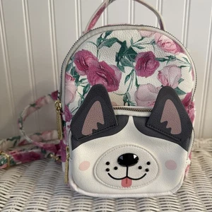 Betsey Johnson Floral Puppy Dog Mini Backpack Purse Faux Leather Pink Roses - Picture 1 of 6