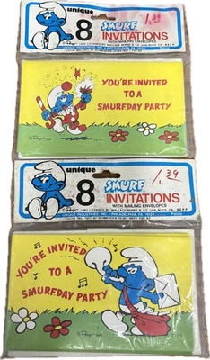 Vintage 1982 Smurfs Birthday Invitations Lot of 2 Sealed Packs w/ Envelopes  - Изображение 1 из 2