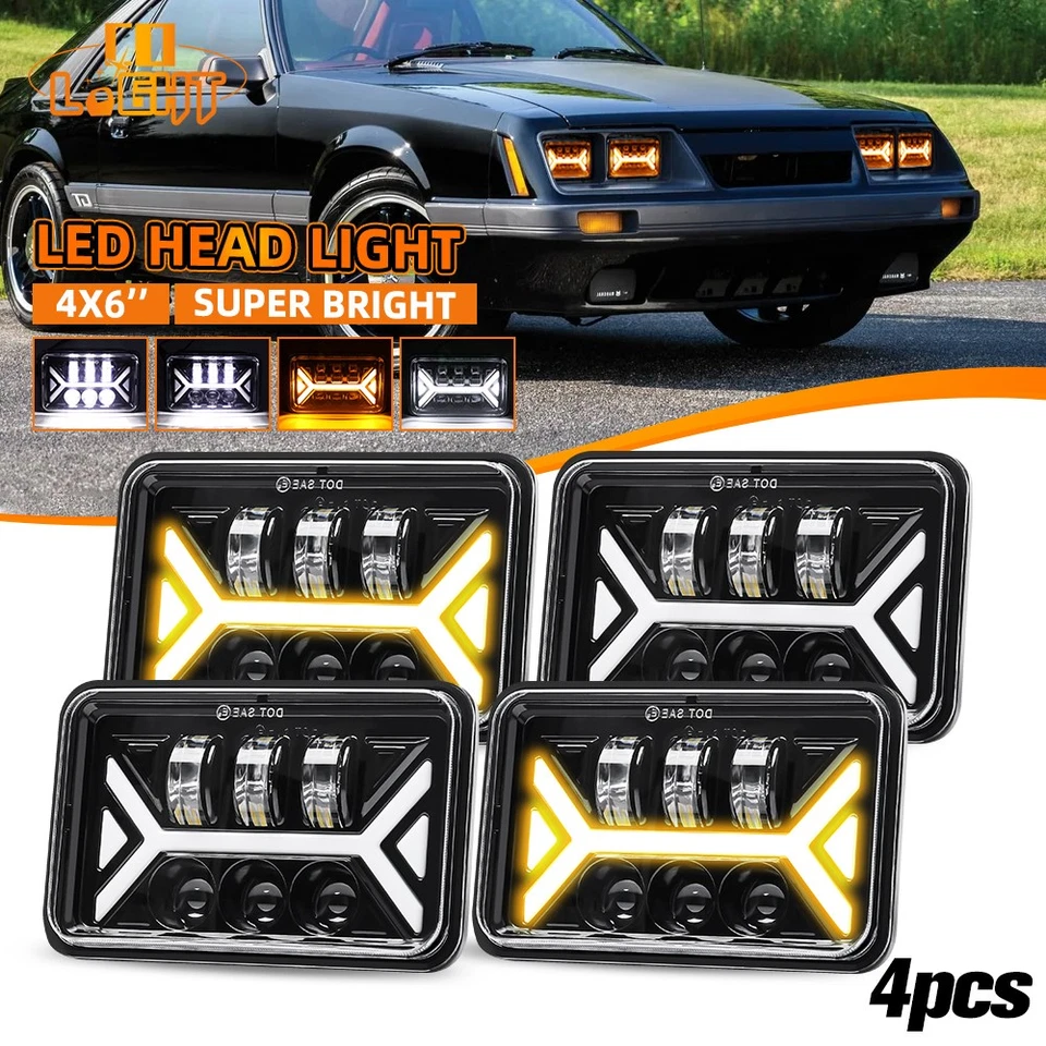4x For Ford Mustang 1979-1986 DOT 4x6" Square LED Headlights Hi/Lo Beam With DRL - Image 1 of 4