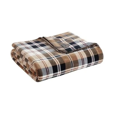  - Full/Queen Blanket, Reversible Plush Bedding, King Trailhead Plaid Beige - Image 1 of 4