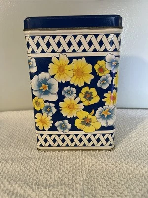 Vintage Floral Blue and Yellow Storage Tin Metal Box Equal Sweetener 1989 6” - Image 1 of 4