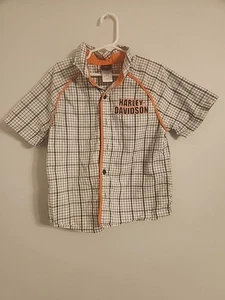Harley Davidson Plaid Button Front Camp Shirt Boys Sz 7 Black White Orange Gray - Picture 1 of 3