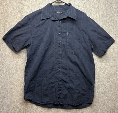 Volcom Measure LG Button Up Short Sleeve Blue Textured Blue Stripes & Logo - Image 1 of 4