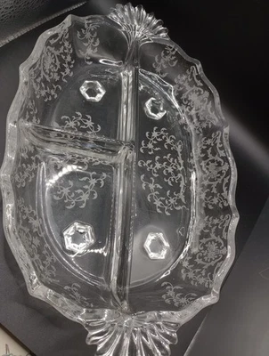 VINTAGE: FOSTORIA "NAVARRE PATTERN" ETCHED (3) SECTIONAL DIVIDED DISH w/ HANDLES - Image 1 of 4
