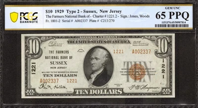 1929 $10 FARMERS NATIONAL BANK NOTE CURRENCY SUSSEX NEW JERSEY PCGS 65 PPQ (337) - Image 1 of 2