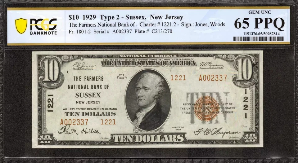 1929 $10 FARMERS NATIONAL BANK NOTE CURRENCY SUSSEX NEW JERSEY PCGS 65 PPQ (337) - Image 1 of 2