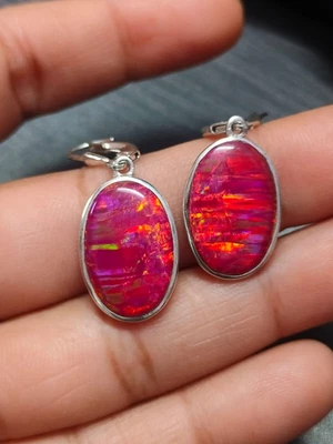 Orecchini pendenti pendenti goccia opale aurora fuoco rosa argento sterling... - Immagine 1 di 4