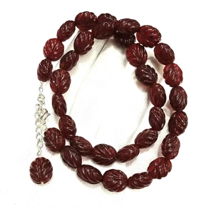 Red Garnet Necklace, Oval Carved Beads, Statement Necklace - 17" - Picture 1 of 4