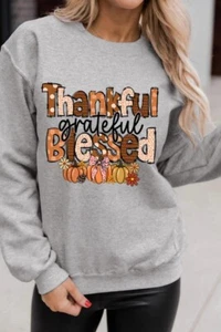 Gray Thankful Grateful Blessed Pumpkin Printed Pullover Sweatshirt SIZE:XL - Picture 1 of 6