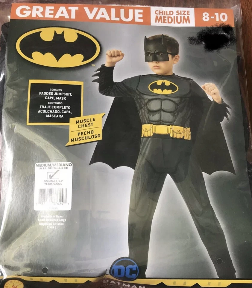 Batman Medium 8 - 10 Kids Halloween Costume Superhero DC Padded Jumpsuit Cape