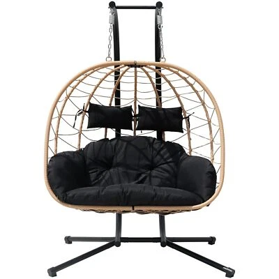 Double 2-Person Patio Hanging Chair Swing Wicker Egg Chair With Black Cushion - Image 1 of 4