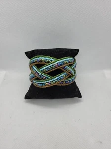 Beautiful Vintage Beaded Cuff Bracelet Green Blue Gold Turquoise Color - Picture 1 of 4