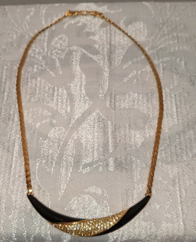 Christian Dior Pave Rhinestone Black Enamel Crescent Necklace G Plate Choker