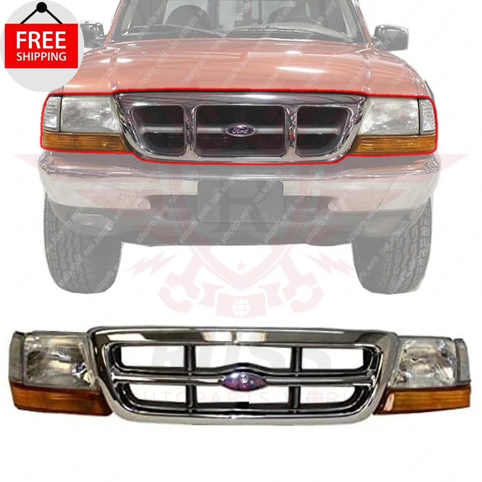 New Front Chrome Grille Parking Light Headlight Kit Fits 1998-2000 Ford Ranger Foto 1 de 4