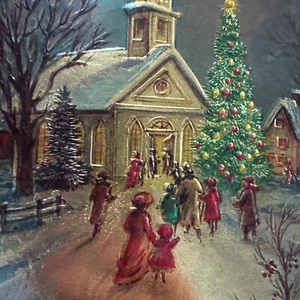 Vtg Christmas Card UNUSED Town people walking into church Foil Metallic W/env - Picture 1 of 10