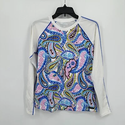 Roupa de banho Athleta feminina pequena branca azul paisley roupa ativa proteção contra erupções cutâneas praia - Imagem 1 de 4