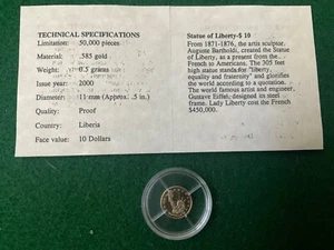 2000 1/2 Gram of .585 Gold Statue of Liberty Proof Liberia- T13 - Picture 1 of 3