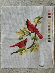 Red Cardinals Birds Flowering Tree Branch Printed Needlepoint Embroidery Canvas - Picture 1 of 3