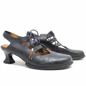 John Fluevog Wearever Tav Navy Blue Slingback Heels Lace Up Tassel 11.5 Portugal - Picture 1 of 12