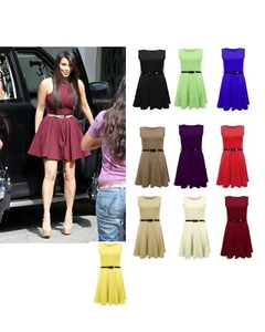 LADIES WOMENS BELTED FLARED PLEATED SLEEVELESS SHORT SKATER MINI DRESS TOP 8-14 - Picture 1 of 10