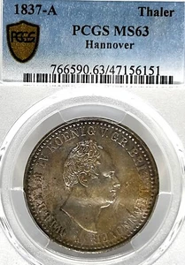 German States Hannover 1837 A Taler Coin Thaler PCGS MS 63 F.STG/STG UNC RARE - Picture 1 of 3