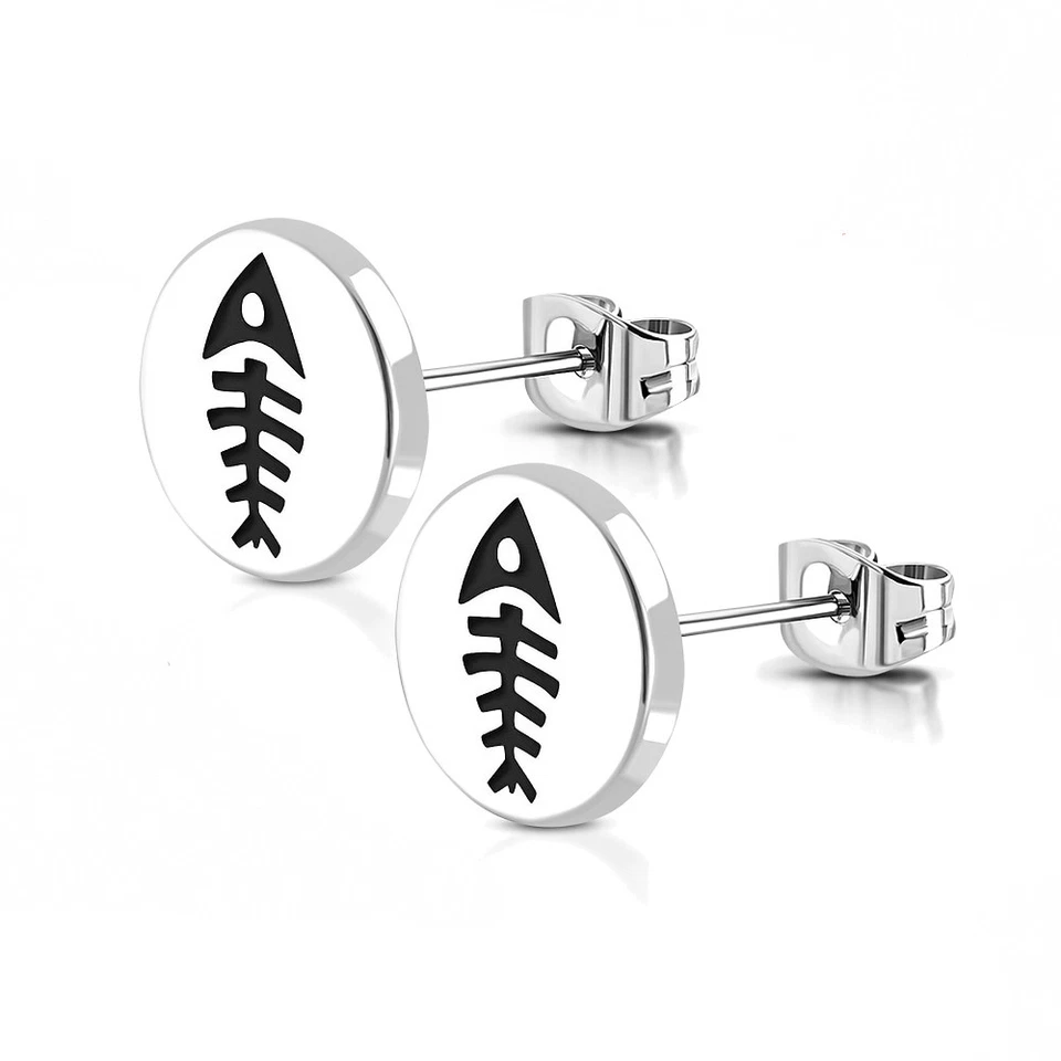 2er Set Orecchini Acciaio Inox Spina Pesce Gräten Pesce 10mm Argento Donna Uomo - Immagine 1 di 1