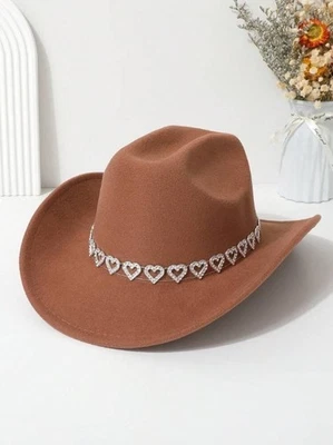 Cowgirl Cowboy Hat Rhinestone Heart Band Rodeo Western Country Festival Cap - Image 1 of 2